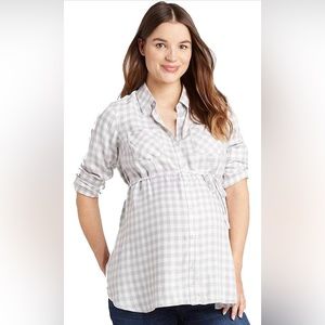 Isabel Maternity Women’s Plaid Long Sleeve Popover Tunic Top, Gray Size Small